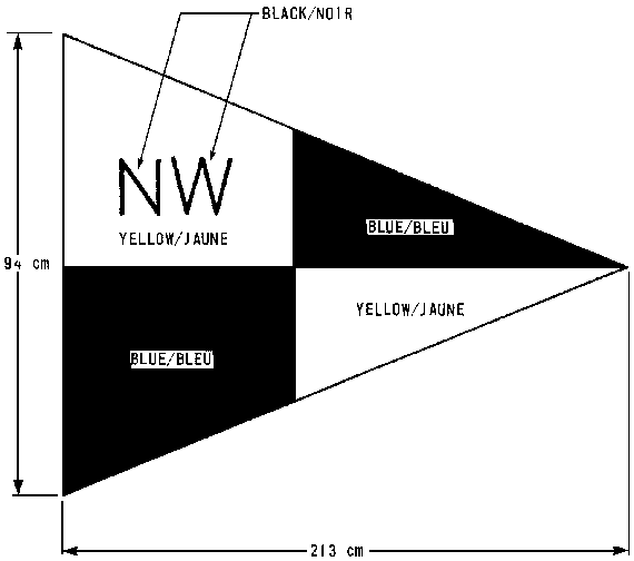 Fanion d’inspection, contenant des spécifications, dans la forme d’un triangle de côté pointant vers la droite. Le fanion est divisé en quatre parties avec les lettres NW dans la partie gauche du haut.